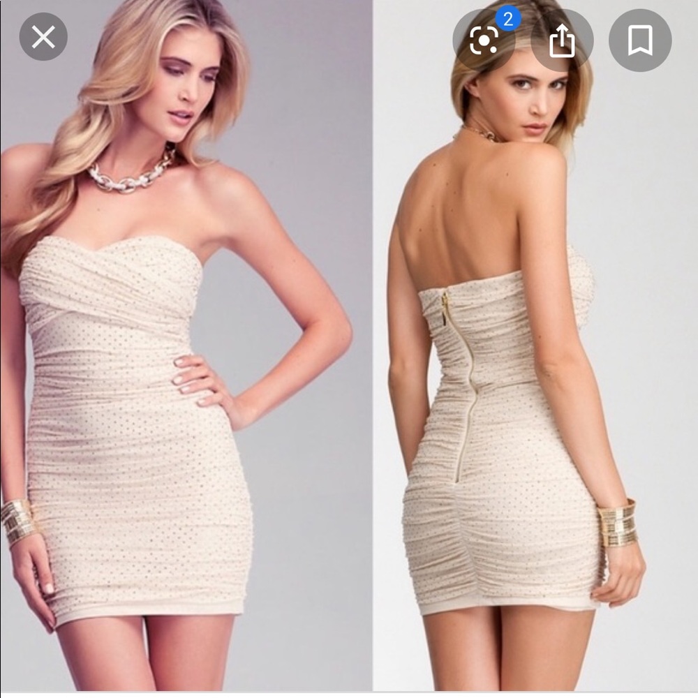 BEBE gold cream bodycon dress